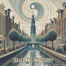 Digital illustration using an AI-generated image of Amsterdam, with text saying "Travel and Philosophy."