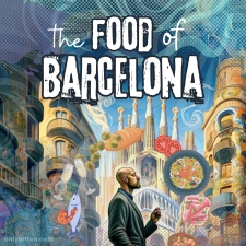 Digital illustration of a man in Barcelona encircled by food. Created with graphic elements, textures, text, and part of an AI image generated by Dall-E.