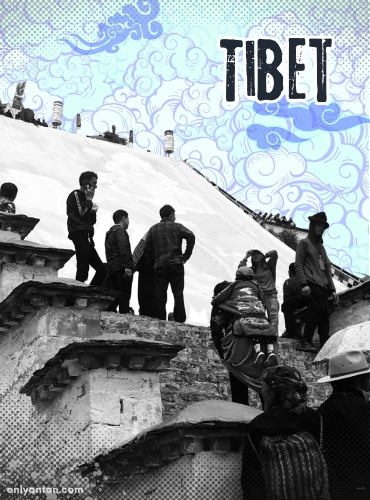 Digital illustration with a black and white photo of the Unveiling of the Thangka during the Shoton Festival