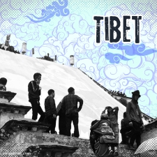 Digital illustration with black and white photo of the Thangka in Tibet