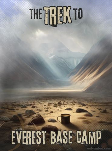 Digital Illustration for the Trek to Everest Base Camp. Created with graphic elements, textures, and a portion of an AI image generated by Dall-E.