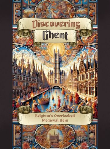 A digital illustration for Discovering Ghent: Belgium's Overlooked Medieval Gem, using graphic elements, textures, text, and part of an AI-image generated by DALL-E.