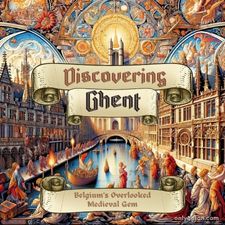 A digital illustration for Discovering Ghent: Belgium's Overlooked Medieval Gem, using graphic elements, textures, text, and part of an AI-image generated by DALL-E.
