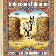Digital illustration for Indecision Dilemma: Lesson's from Buridan's Ass, using graphic elements, textures, text, and an AI-image generated by DALL-E.