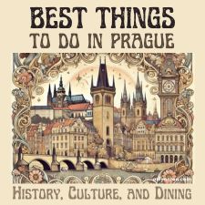 Digital illustration for Best Things To Do in Prague, using graphic elements, textures, text, and part of an AI-image generated by DALL-E.