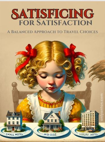 Digital illustration for Satisficing for Satisfaction: A Balanced Approach to Travel Choices, using graphic elements, textures, text, and part of an AI-image generated by DALL-E.