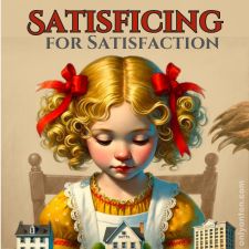 Digital illustration for Satisficing for Satisfaction: A Balanced Approach to Travel Choices, using graphic elements, textures, text, and part of an AI-image generated by DALL-E.