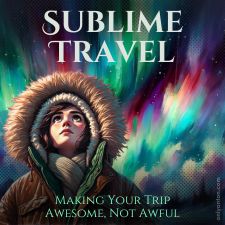 Digital illustration for "Sublime Travel," using graphic elements, textures, text, and parts of images generated by DALL-E.