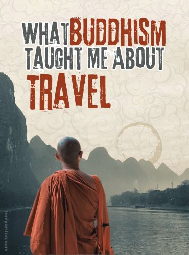 Digital illustration for "What Buddhism Taught Me About Travel," using graphic elements, textures, text, a stock photo, and Anton's photo of Guilin.