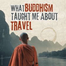 Digital illustration for "What Buddhism Taught Me About Travel," using graphic elements, textures, text, a stock photo, and Anton's photo of Guilin.
