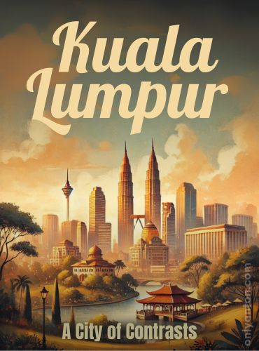 Digital illustration for "Kuala Lumpur: A City of Contrasts," using graphic elements, textures, text, and part of an AI image generated by DALL-E.