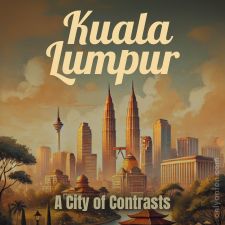 Digital illustration for "Kuala Lumpur: A City of Contrasts," using graphic elements, textures, text, and part of an AI image generated by DALL-E.