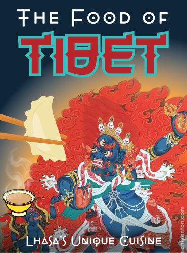 Digital illustration for "The Food of Tibet," using graphic elements, textures, text, and part of the author's photo of Buddhist art.