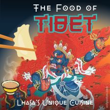Digital illustration for "The Food of Tibet," using graphic elements, textures, text, and part of the author's photo of Buddhist art.