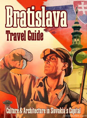 Digital illustration for the Bratislava Travel Guide, using graphic elements, textures, text, and stock images.