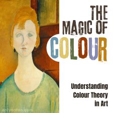 Digital illustration for the Magic of Colour, using graphic elements, textures, text, and a stock image. Girl in a Green Blouse by Amadeo Modigliani from The Everett Collection/Canva.
