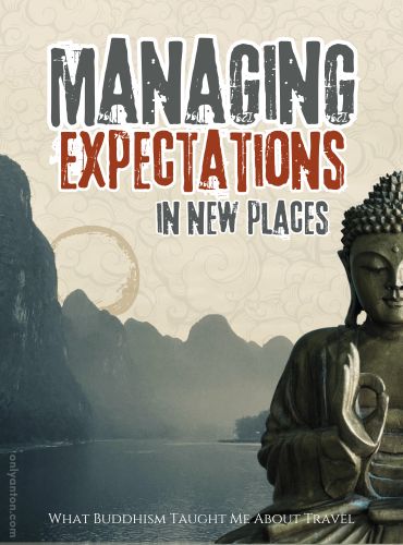 Digital illustration for Managing Expectations in New Places, using graphic elements, textures, text, a stock image, and Anton's photo of the Li River in Guilin, China.