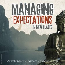 Digital illustration for Managing Expectations in New Places, using graphic elements, textures, text, a stock image, and Anton's photo of the Li River in Guilin, China.