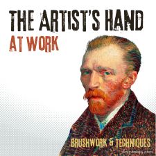 Digital illustration for “The Artist’s Hand at Work: Brushwork and Techniques,” using graphic elements, textures, text, and part of Vincent Van Gogh’s Self-Portrait from 1887, Art Institute of Chicago.
