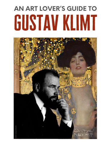 Digital illustration for “An Art Lover’s Guide to Gustav Klimt,” using graphic elements, textures, text, a photo of Gustav Klimt, and details from Klimt’s art.