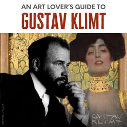 Digital illustration for “An Art Lover’s Guide to Gustav Klimt,” using graphic elements, textures, text, a photo of Gustav Klimt, and details from Klimt’s art.