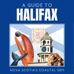 Digital illustration for “A Guide to Halifax: Nova Scotia‘s Coastal Gem,” using graphic elements, textures, text, and stock photos from Canva.