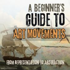 Digital illustration for “A Beginner’s Guide to Art Movements: From Representation to Abstraction,” using graphic elements, textures, text, and parts of paintings. Image of Johannes Christiaan Schotel, Ships in a Turbulent Sea, Rijksmuseum, Amsterdam from Europeana CCO Images/Canva. Image of Paul Klee, The Rhine at Duisburg, 1937 from the Everett Collection/Canva.