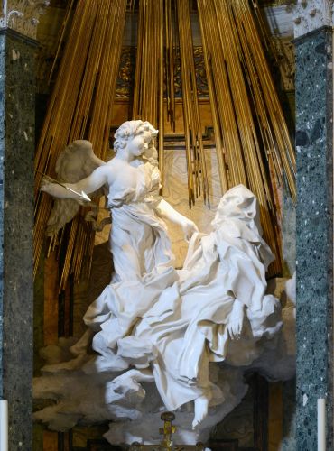 An example of Baroque sculpture. Gian Lorenzo Bernini, Ecstasy of Saint Teresa, 1647–1652. Marble. Santa Maria della Vittoria, Rome.
