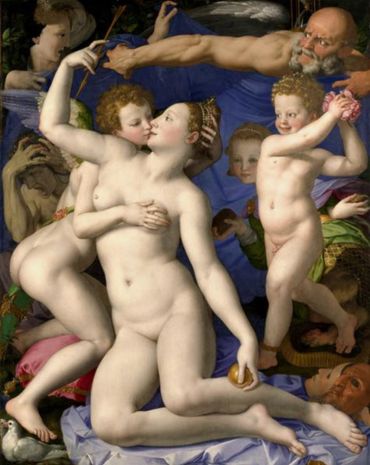 Example of a Mannerist painting. Agnolo Bronzino, Venus, Cupid, Folly, and Time, c. 1545. Oil on wood. National Gallery, London.