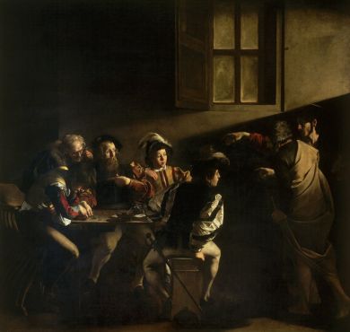 An example of Baroque tenebrism. Caravaggio, The Calling of Saint Matthew, 1599–1600. Oil on canvas. San Luigi dei Francesi, Rome.