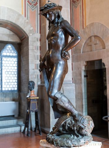 An example of a Renaissance sculpture. Donatello, David, c. 1440s. Bronze. Palazzo del Bargello, Florence. Photo by paologallophoto from Canva.