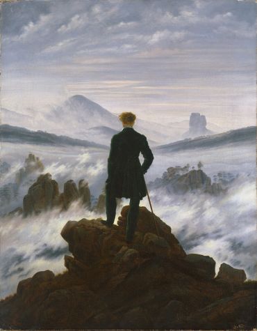 A classic example of Romantic painting. Caspar David Friedrich, Wanderer above the Sea of Fog, 1818. Oil on canvas. Hamburger Kunsthalle, Hamburg.