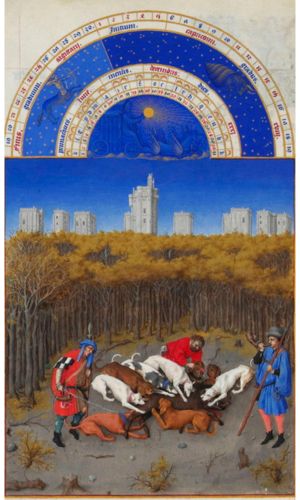 Illuminated manuscript by the Limbourg Brothers. Limbourg Brothers, Très Riches Heures du Duc de Berry, 1412–1416. Illuminated manuscript. Musée Condé, Chantilly, France.