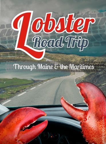 Digital illustration for “Lobster Road Trip Through Maine and the Maritimes,” using graphic elements. textures, text, and stock images from Canva.