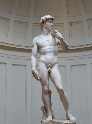 A famous example of Renaissance sculpture. Michelangelo, David, 1501–1504. Marble. Galleria dell’Accademia, Florence. Photo by Sam Emmers from Pexels/Canva.