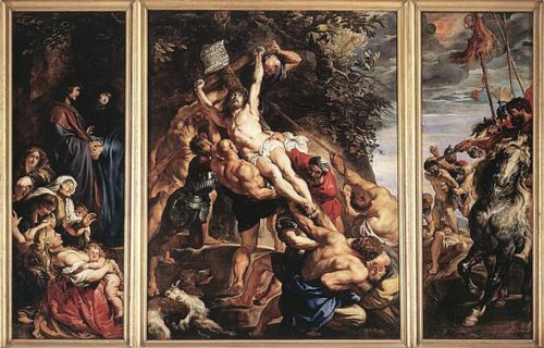 An example of Northern European Baroque painting. Peter Paul Rubens, The Elevation of the Cross, 1610–1611. Oil on wood. Cathedral of Our Lady, Antwerp.