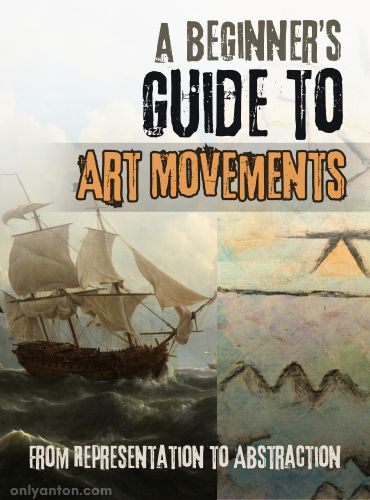 Digital illustration for “A Beginner’s Guide to Art Movements: From Representation to Abstraction,” using graphic elements, textures, text, and parts of paintings. Image of Johannes Christiaan Schotel, Ships in a Turbulent Sea, Rijksmuseum, Amsterdam from Europeana CCO Images/Canva. Image of Paul Klee, The Rhine at Duisburg, 1937 from the Everett Collection/Canva.