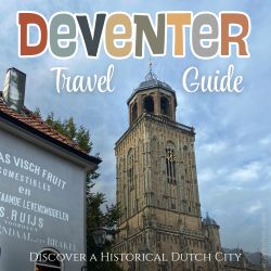 Digital illustration for “Deventer Travel Guide: Discover a Historic Dutch City,” using graphic elements, textures, text, and a photo taken by Anton Vander Schaaf.