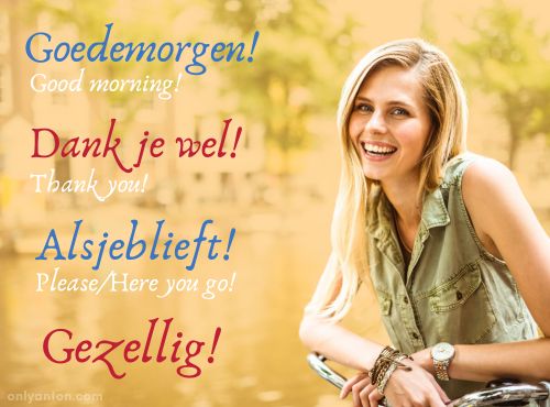 Digital illustration of some Dutch phrases, using graphic elements, textures, text, and a stock photo. “Dutch Woman with Bicycle” by franckreporter from Getty Images Signature/Canva.