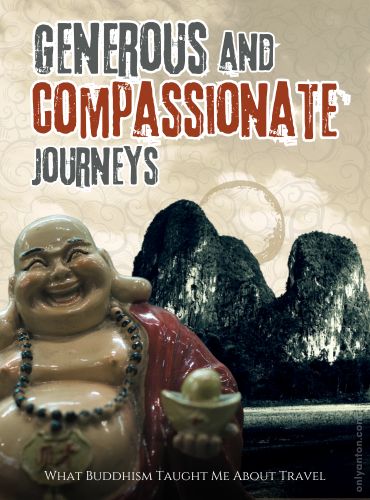 Digital illustration for “Generous and Compassionate Journeys,” using graphic elements, textures, text, and the author’s photo of the Li River in Guilin, China. Image taken by Anton Vander Schaaf. “Mini laughing Buddha” by Benjie Villacruel from Getty Images/Canva.