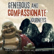Digital illustration for “Generous and Compassionate Journeys,” using graphic elements, textures, text, and the author’s photo of the Li River in Guilin, China. Image taken by Anton Vander Schaaf. “Mini laughing Buddha” by Benjie Villacruel from Getty Images/Canva.