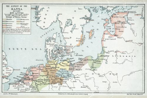 Map of the extent of the Hanseatic League in Northern Europe during the 1400s.