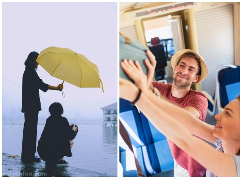 A digital illustration of extending kindness to strangers, using graphic elements, textures, text, and parts of two stock images. “Photograph of a Person Holding an Umbrella” by mitbg000 from Pexels/Canva. “Let me help you with your luggage” by SrdjanPav from Getty Images Signature/Canva.