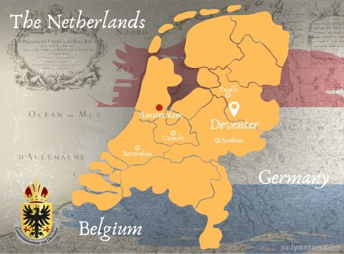 Digitally-illustrated map of the Netherlands and Deventer, using graphic elements, textures, text, and stock images. “Map of Netherlands and Holland” by Hemera Technologies from Photo Images/Canva.